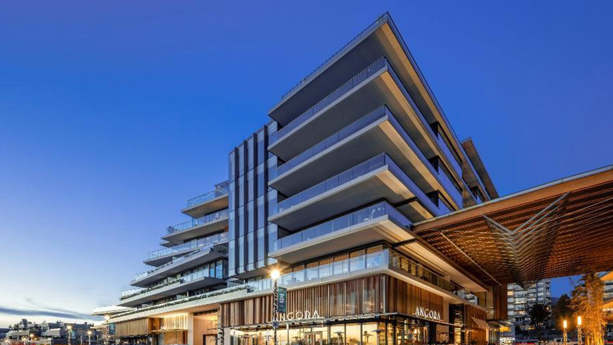 An exterior shot of architecturally stunning apartment building