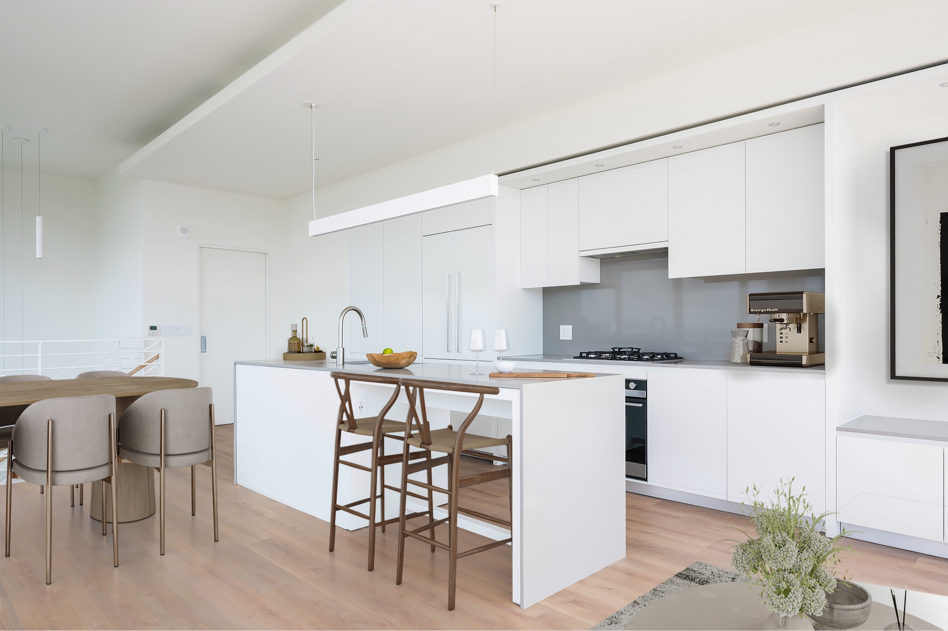 Margarite luxury apartments' kitchen in Washington, DC, with chairs & wooden dining tables.